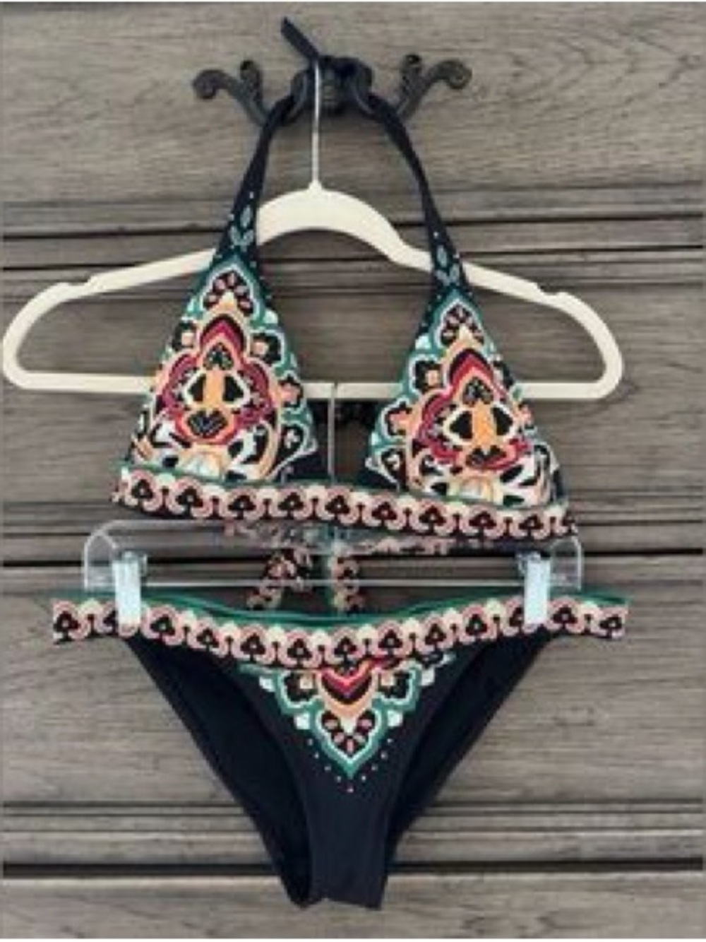 Victoria's Secret Black Multicolor Embroidered Triangle Bikini